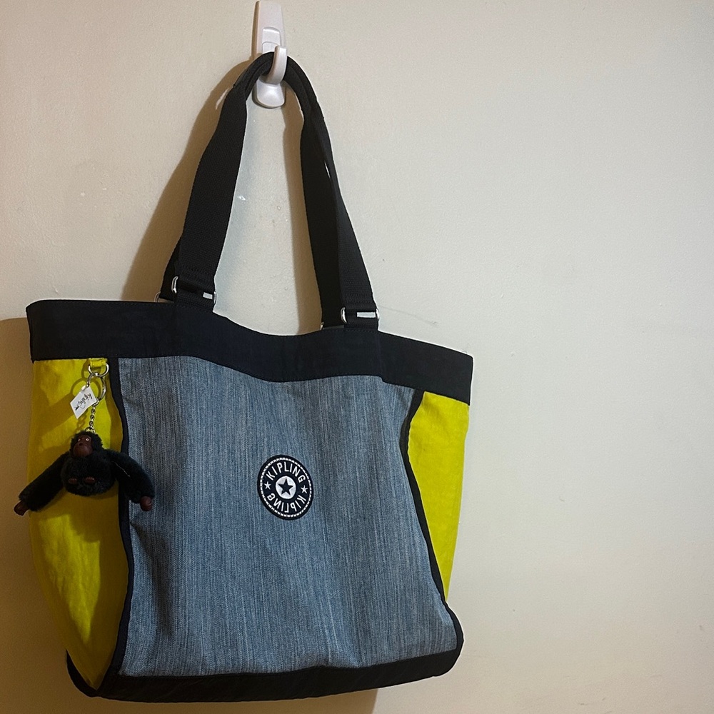 Kipling Two-Tone Neon Green and Navy Tote Bag